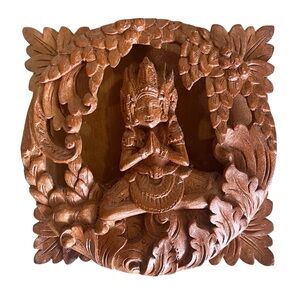 Vintage Balinese Hand Carved Hindu Deity Wood Wall Panel Art